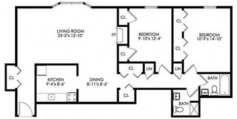 Floor plan for 2 beds, 1.5 baths, 1140 sqft