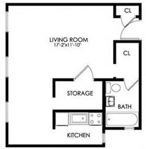 Floor plan for studio, 1 bath, 492 sqft