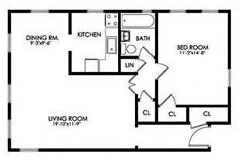 Floor plan for 1 bed, 1 bath, 783 sqft