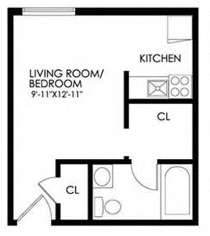 Floor plan for studio, 1 bath, 323 sqft