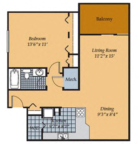 Floor plan for 1 bed, 1 bath, 693 sqft