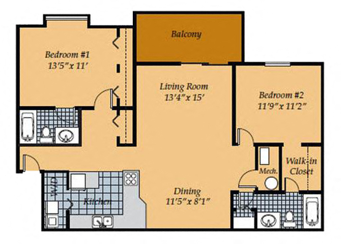 Floor plan for 2 beds, 2 baths, 990 sqft