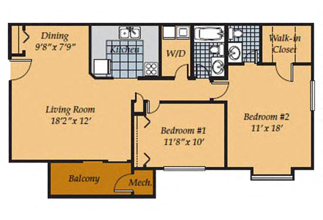 Floor plan for 2 beds, 2 baths, 990 sqft