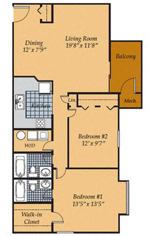 Floor plan for 2 beds, 2 baths, 1137 sqft