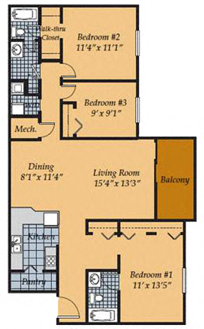 Floor plan for 3 beds, 2 baths, 1242 sqft
