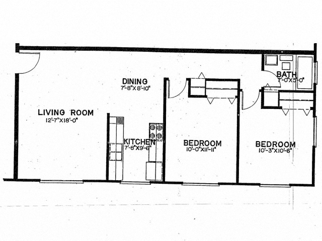 Floor plan for 2 beds, 1 bath, 842 sqft