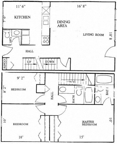 Floor plan for 3 beds, 2.5 baths, 1264 sqft