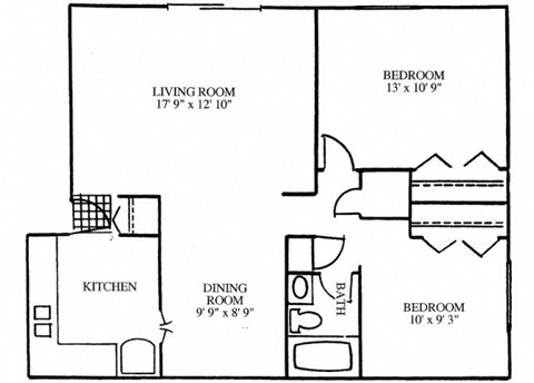 Floor plan for 2 beds, 1 bath, 826 sqft