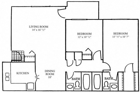 Floor plan for 2 beds, 2 baths, 896 sqft