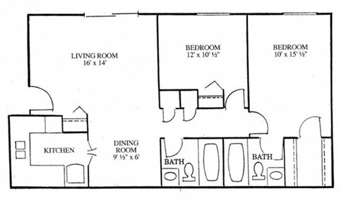 Floor plan for 2 beds, 2 baths, 878 sqft