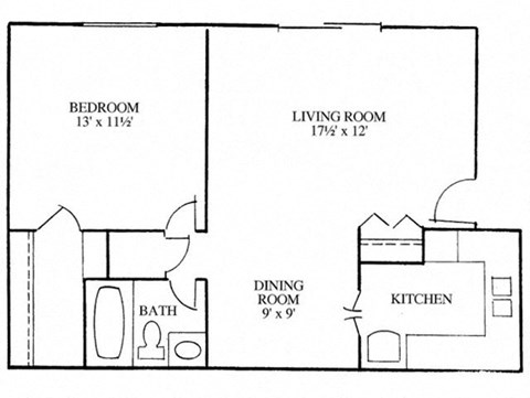 Floor plan for 1 bed, 1 bath, 626 sqft