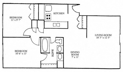 Floor plan for 2 beds, 1.3 baths, 892 sqft