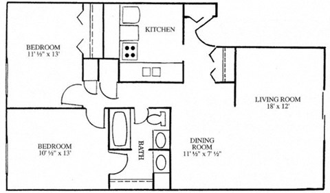 Floor plan for 2 beds, 2 baths, 933 sqft
