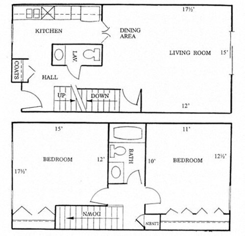 Floor plan for 2 beds, 1.5 baths, 932 sqft