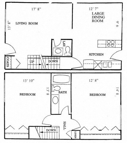 Floor plan for 2 beds, 1.5 baths, 1096 sqft