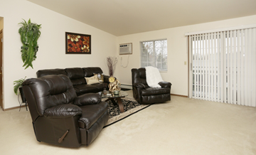 Holland apartment for rent - a living room with leather furniture and a sliding glass door