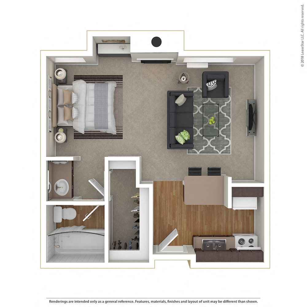 Floor plan for studio, 1 bath, 500 sqft