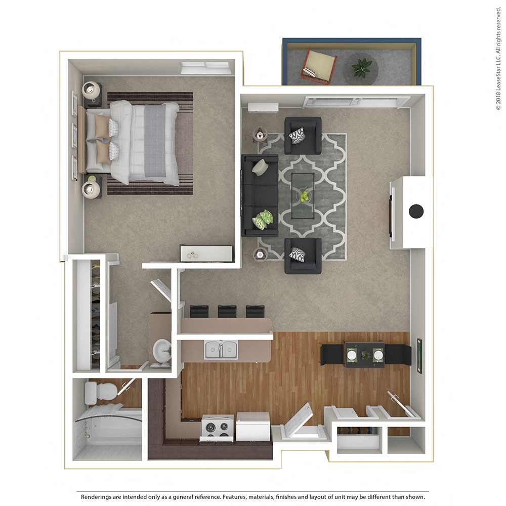 Floor plan for 1 bed, 1 bath, 623 sqft