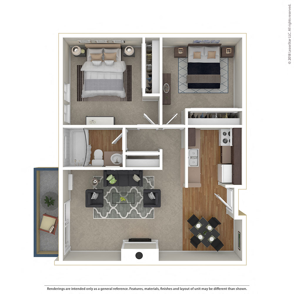Floor plan for 2 beds, 1 bath, 762 sqft
