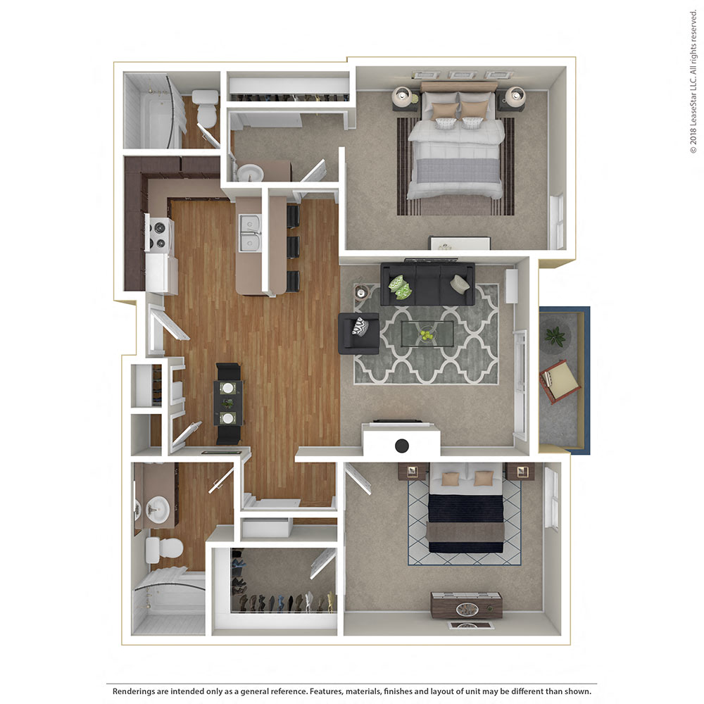 Floor plan for 2 beds, 2 baths, 972 sqft