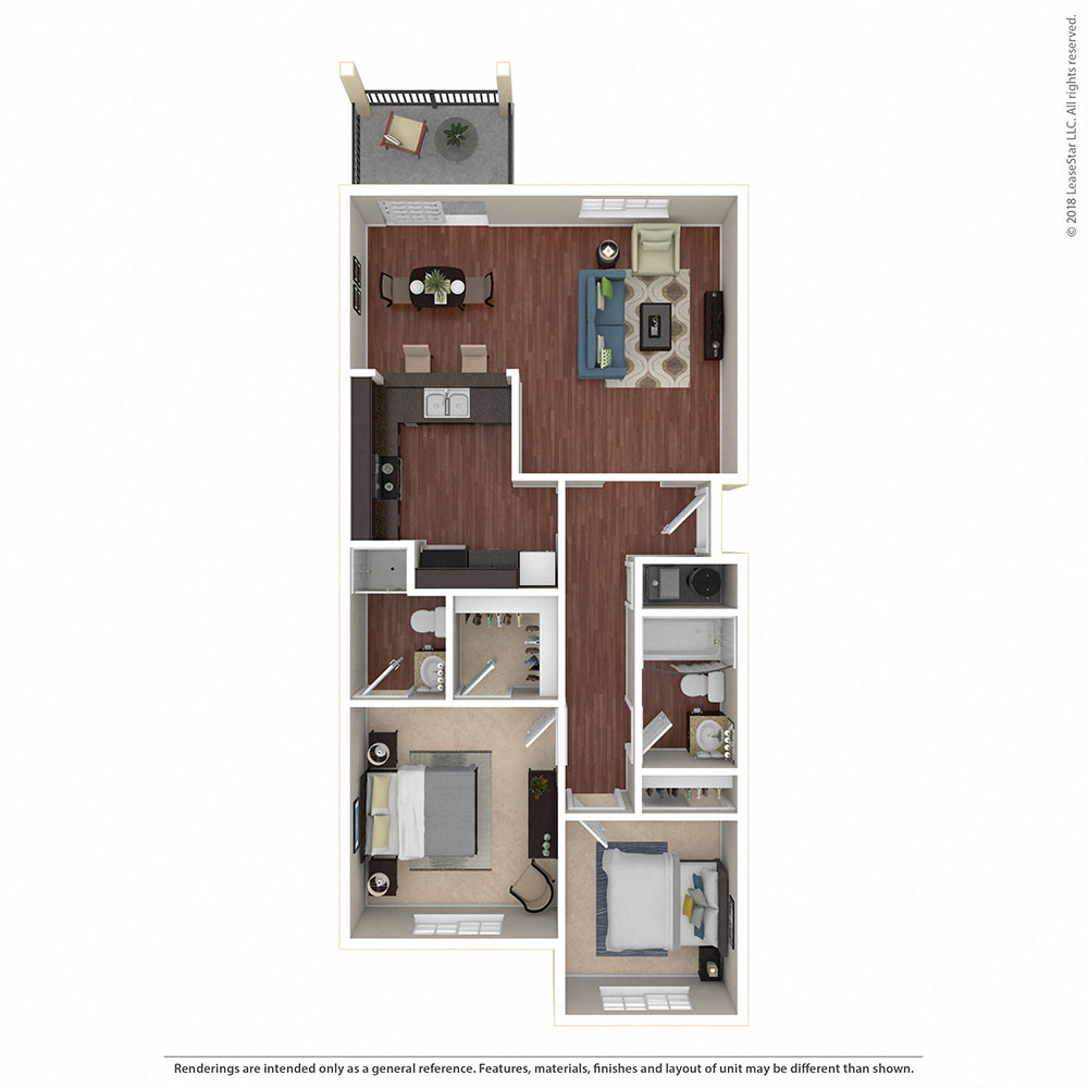 Floor plan for 2 beds, 2 baths, 886 sqft