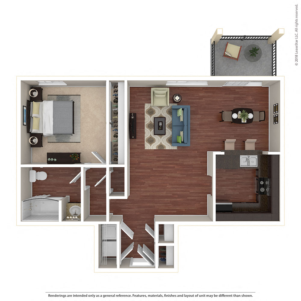 Floor plan for 1 bed, 1 bath, 843 sqft
