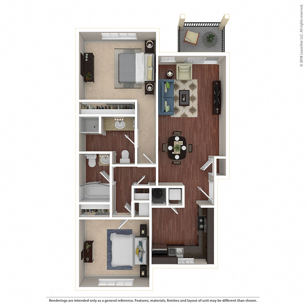 Floor plan for 2 beds, 2 baths, 956 sqft