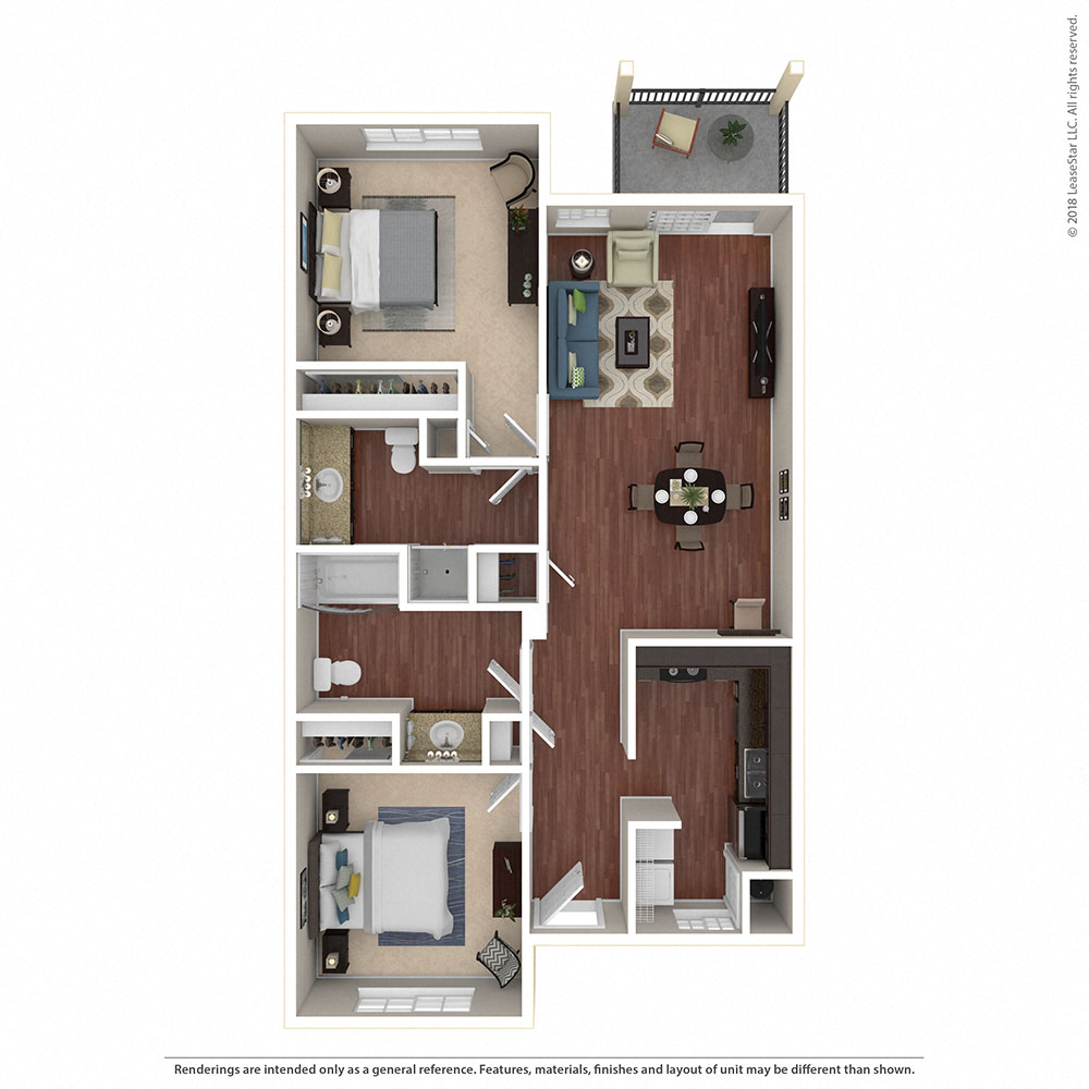 Floor plan for 2 beds, 2 baths, 993 sqft