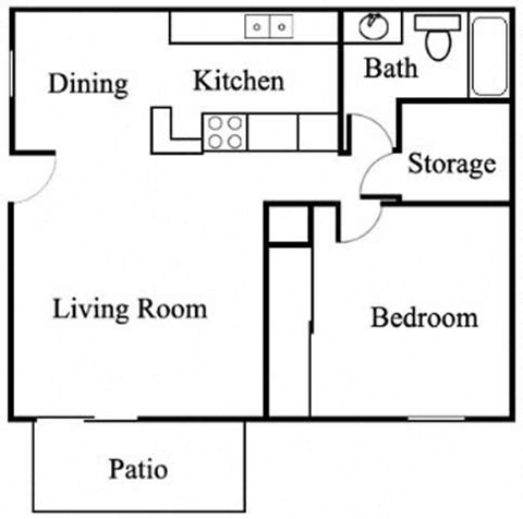 Floor plan for 1 bed, 1 bath, 650 sqft