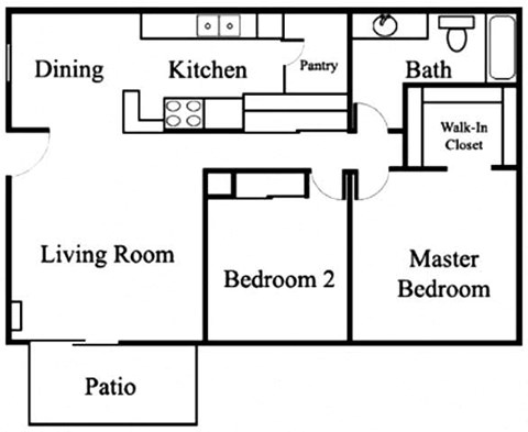 Floor plan for 2 beds, 1 bath, 850 sqft