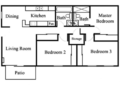 Floor plan for 3 beds, 2 baths, 1050 sqft