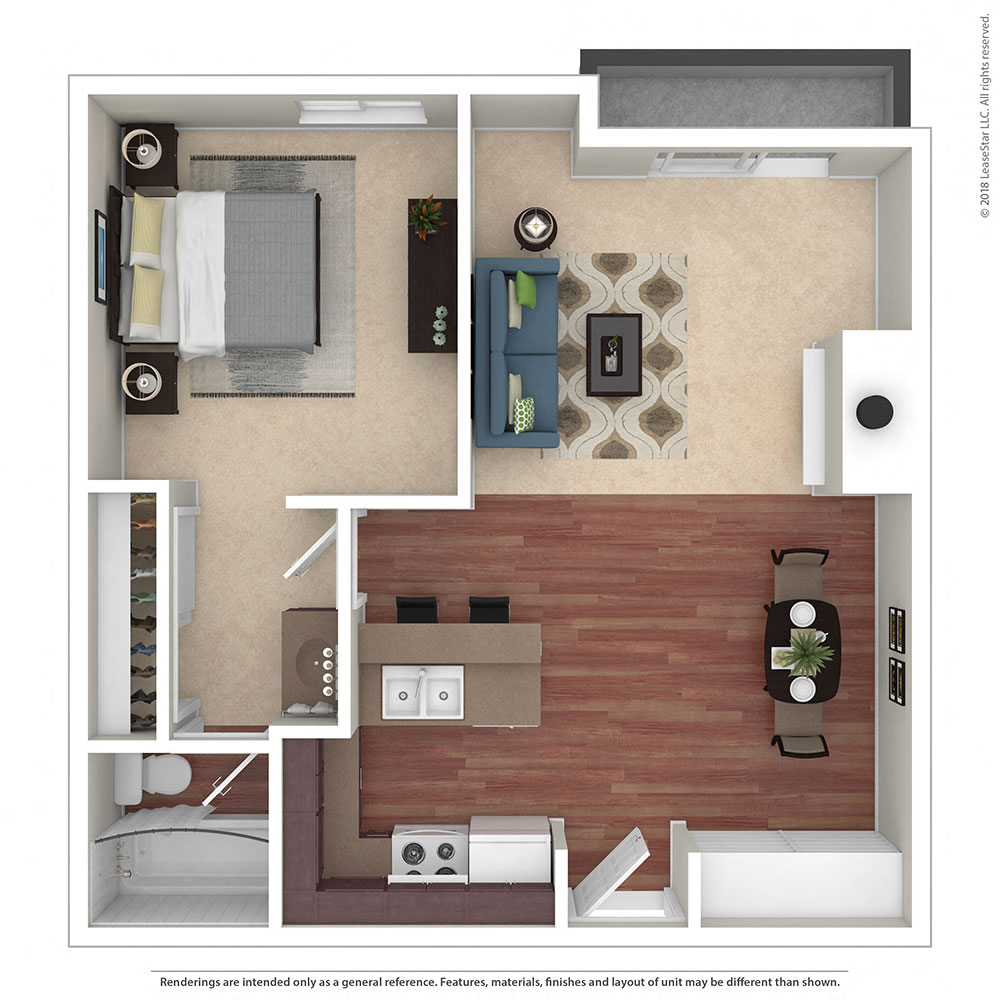 Floor plan for 1 bed, 1 bath, 725 sqft