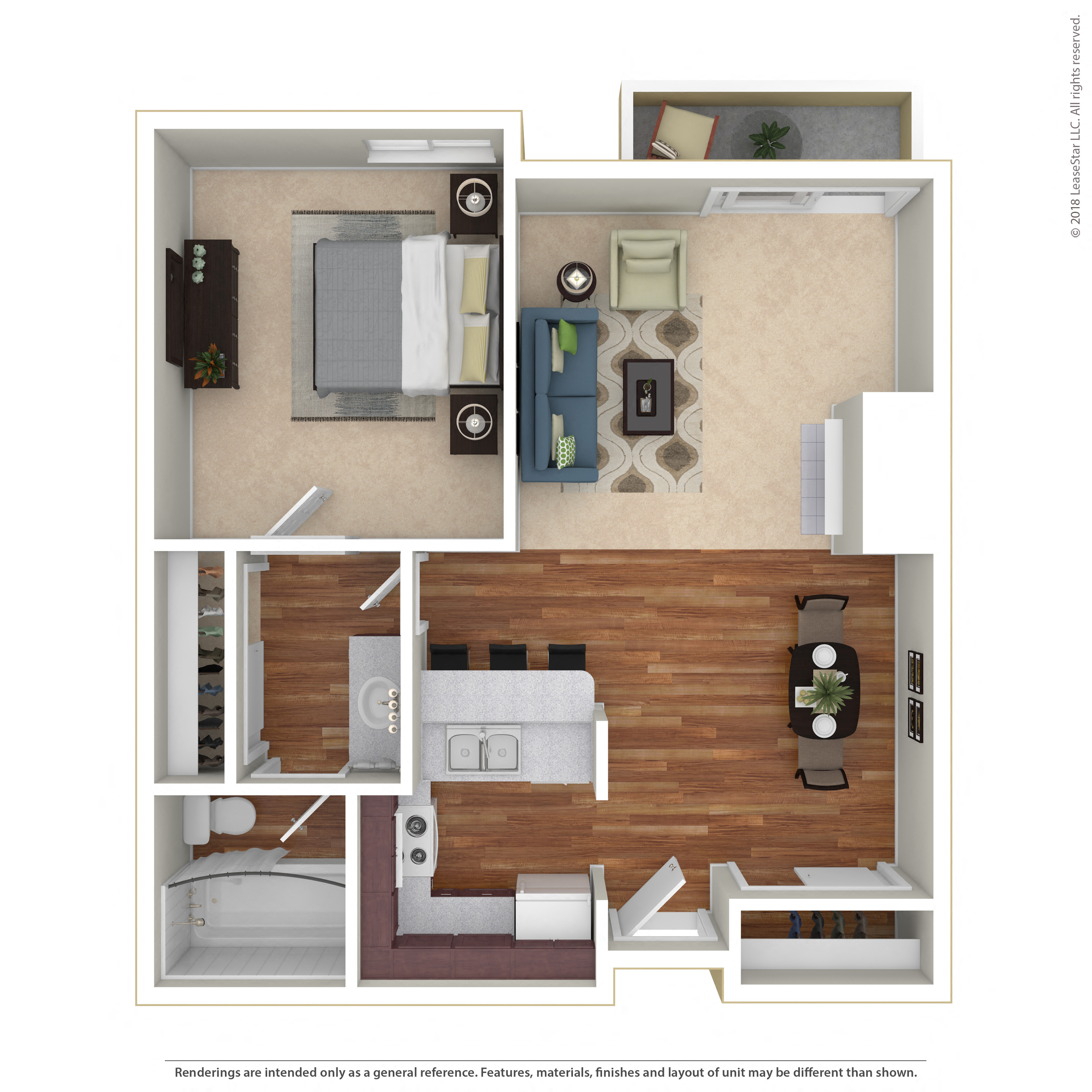 Floor plan for 1 bed, 1 bath, 687 sqft
