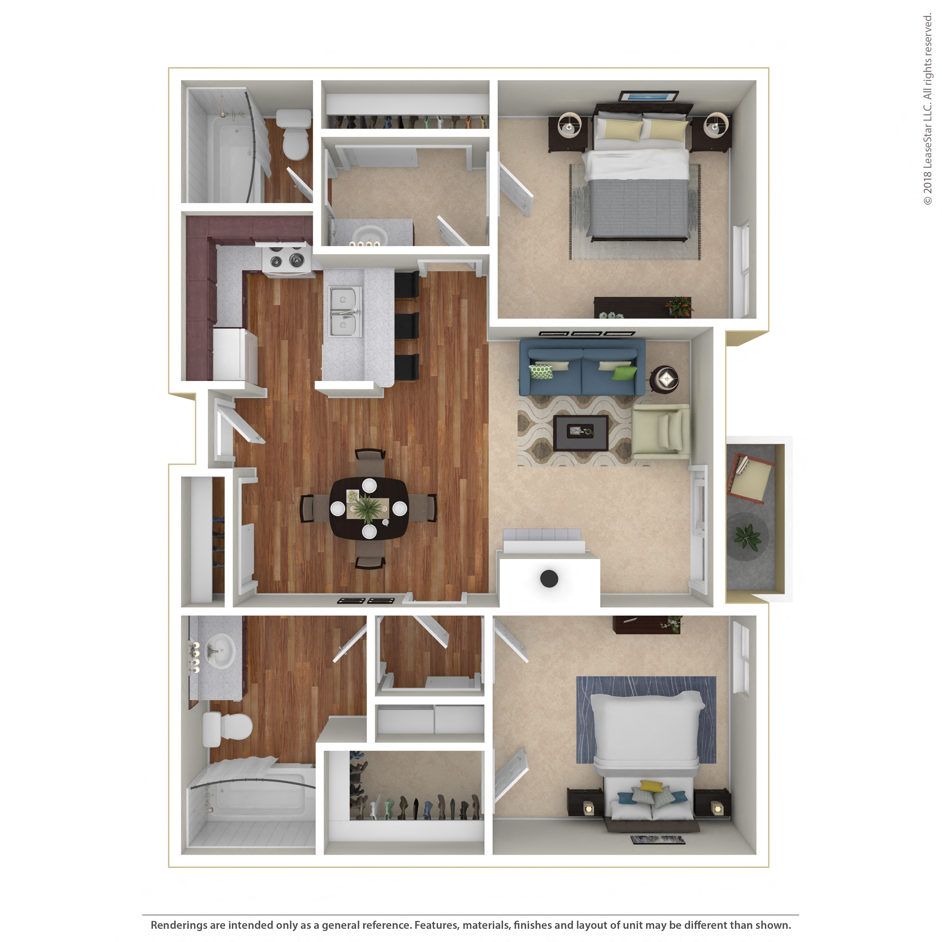 Floor plan for 2 beds, 2 baths, 972 sqft