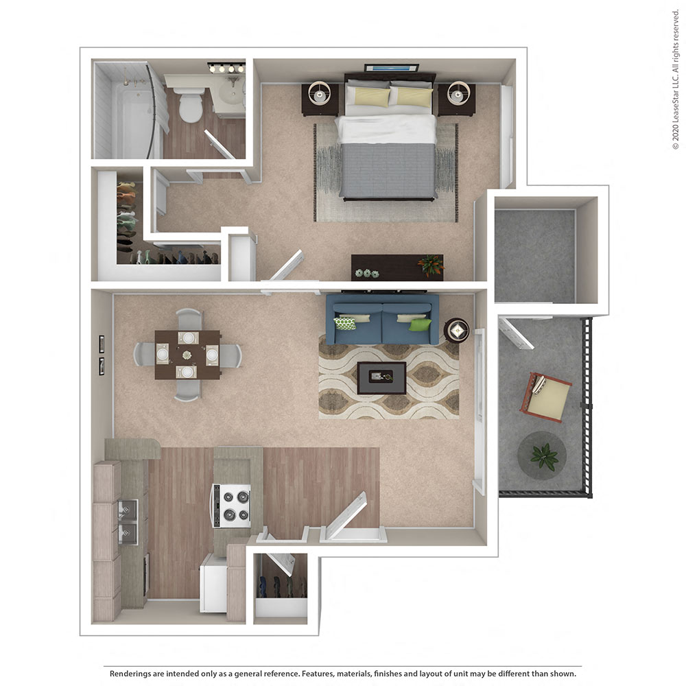 Floor plan for 1 bed, 1 bath, 685 sqft
