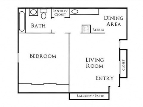 Floor plan for 1 bed, 1 bath, 600 sqft