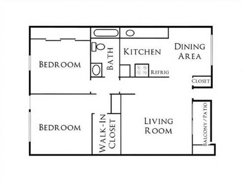 Floor plan for 2 beds, 1 bath, 975 sqft