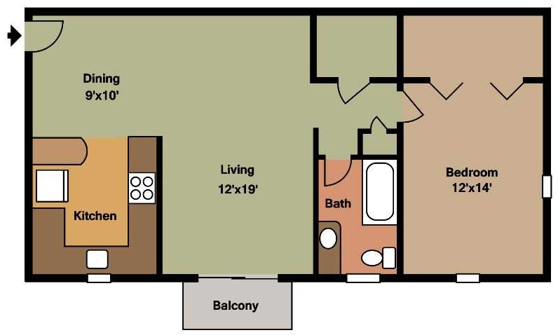 Floor plan for 1 bed, 1 bath, 760 sqft
