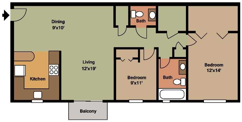 Floor plan for 2 beds, 1.5 baths, 988 sqft