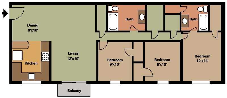 Floor plan for 3 beds, 2 baths, 1102 sqft