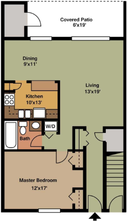 Floor plan for 1 bed, 1 bath, 835 sqft