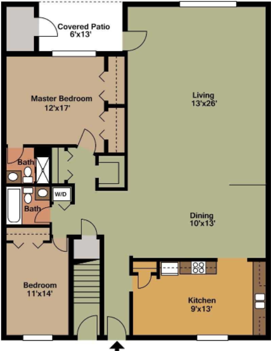 Floor plan for 2 beds, 2 baths, 1205 sqft