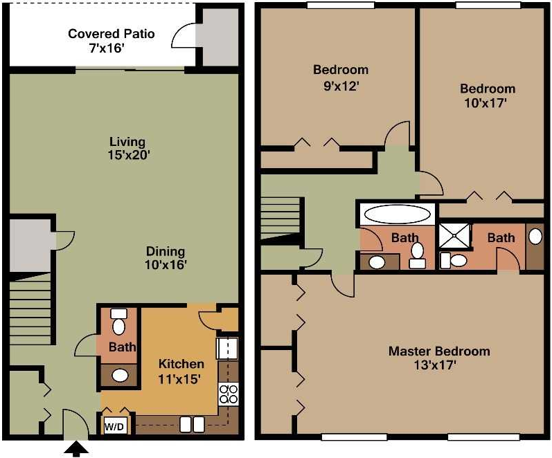 Floor plan for 3 beds, 2.5 baths, 1382 sqft