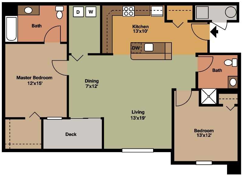 Floor plan for 2 beds, 2 baths, 1057 sqft