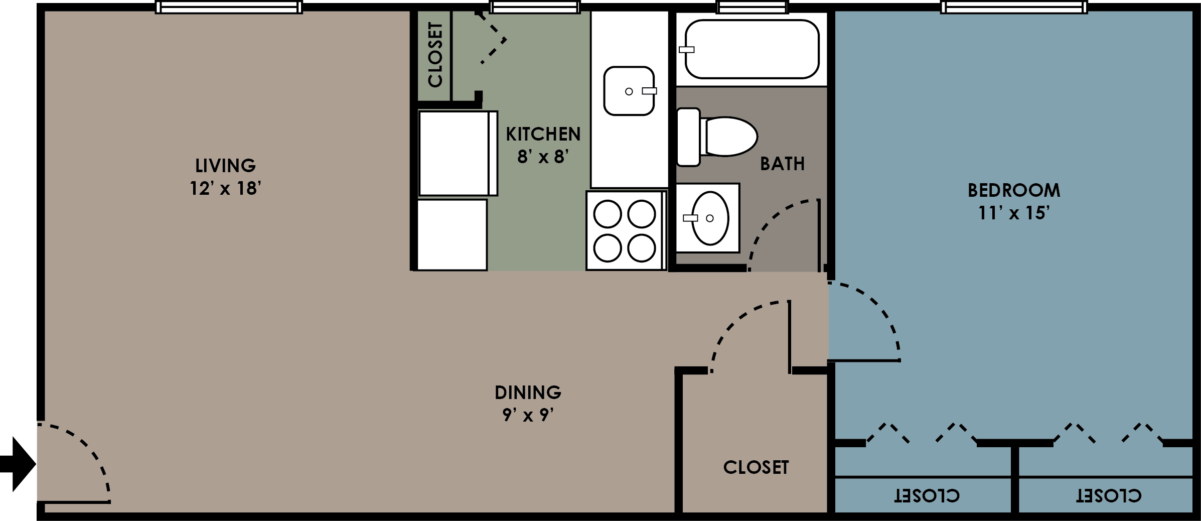Floor plan for 1 bed, 1 bath, 526 sqft