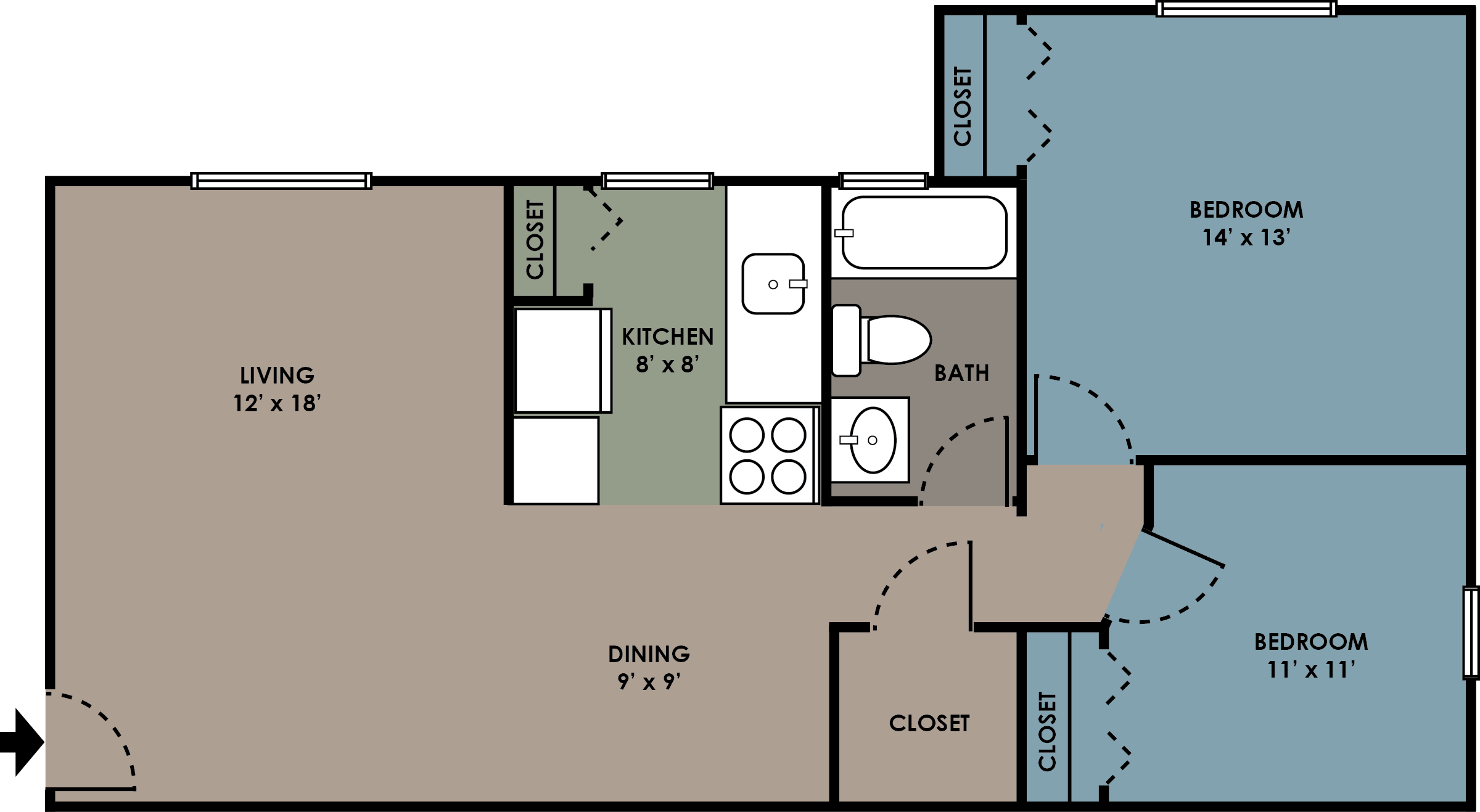 Floor plan for 2 beds, 1 bath, 664 sqft
