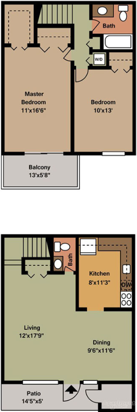 Floor plan for 2 beds, 1.5 baths, 1206 sqft
