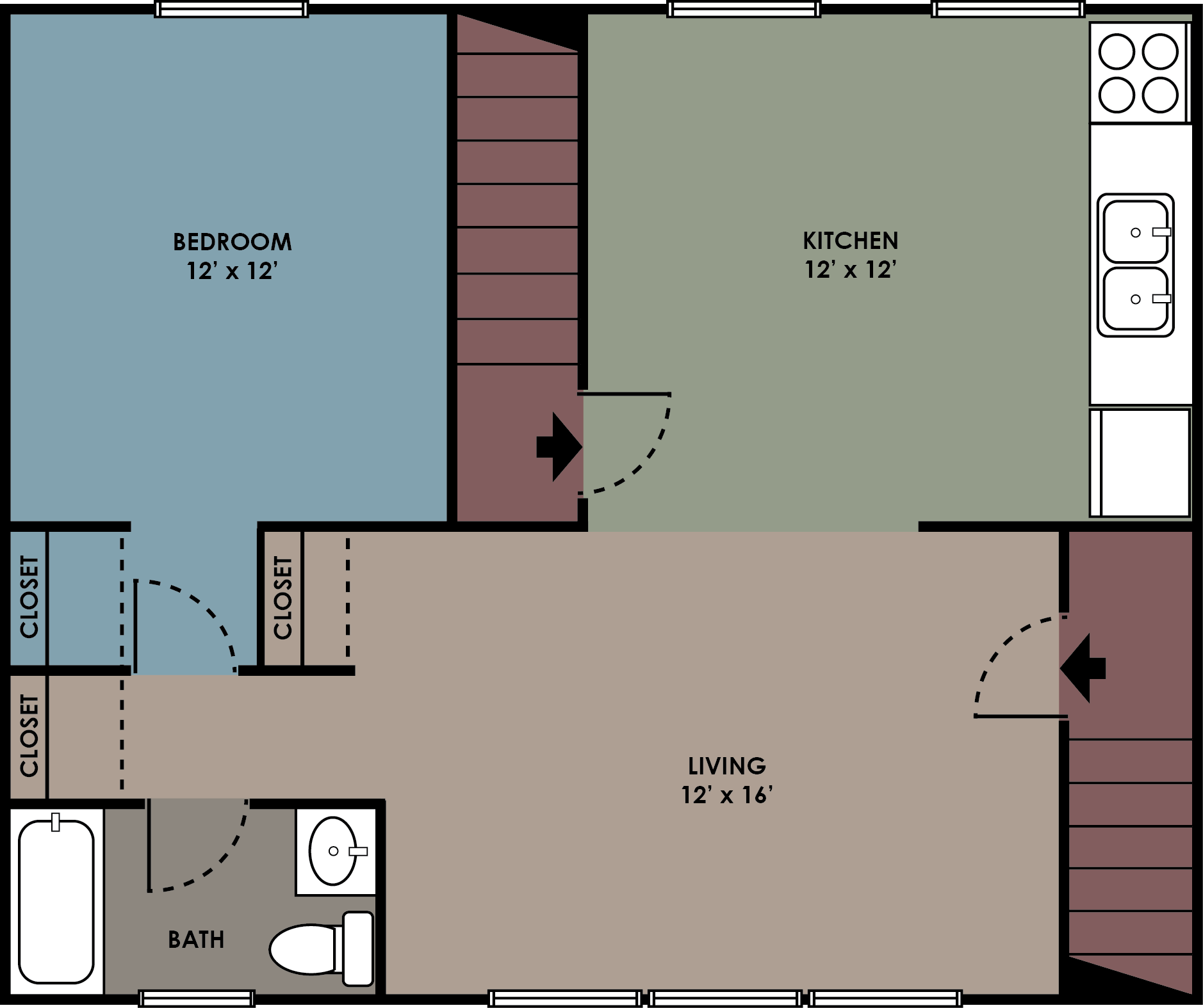 Floor plan for 1 bed, 1 bath, 600 sqft
