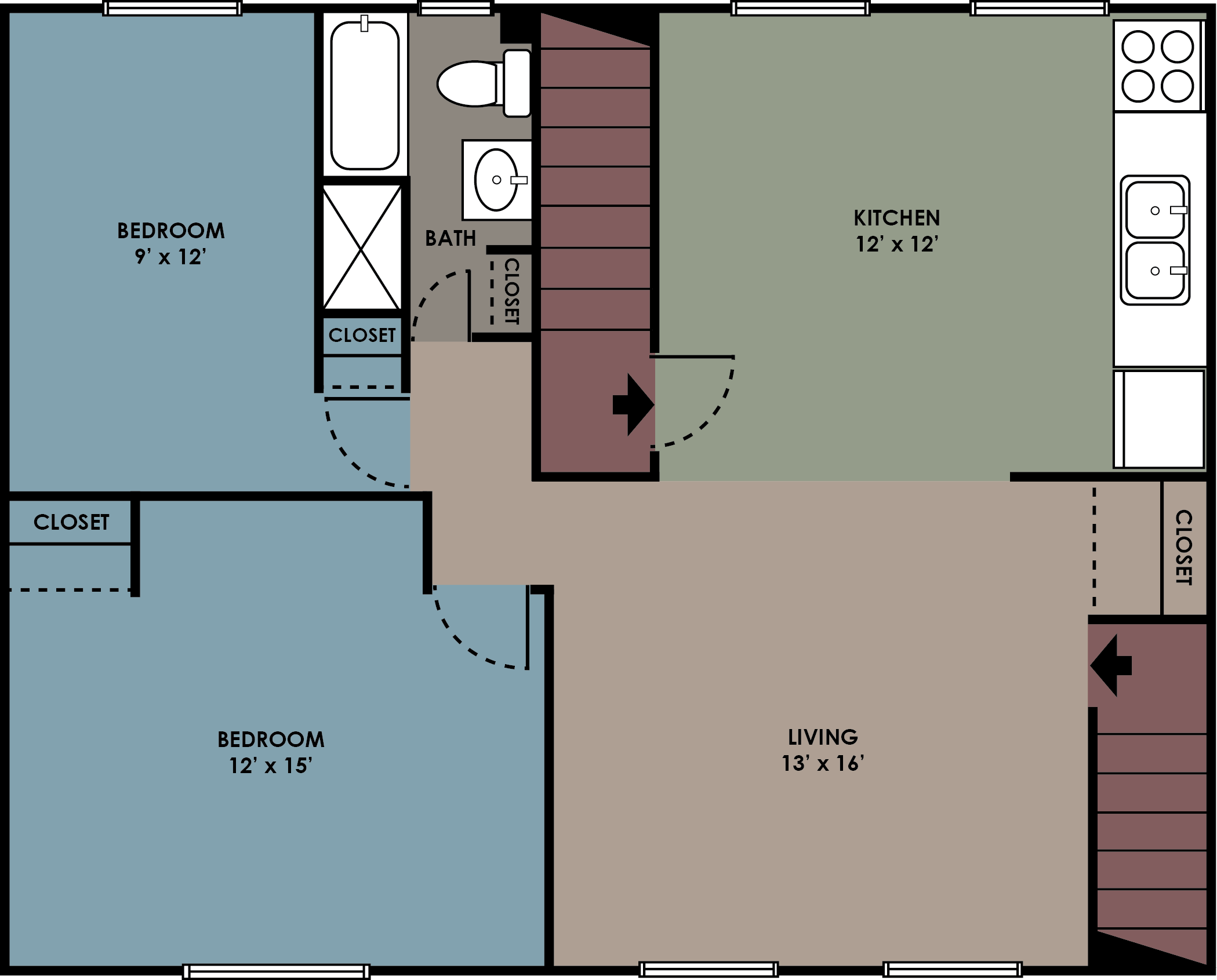 Floor plan for 2 beds, 1 bath, 700 sqft
