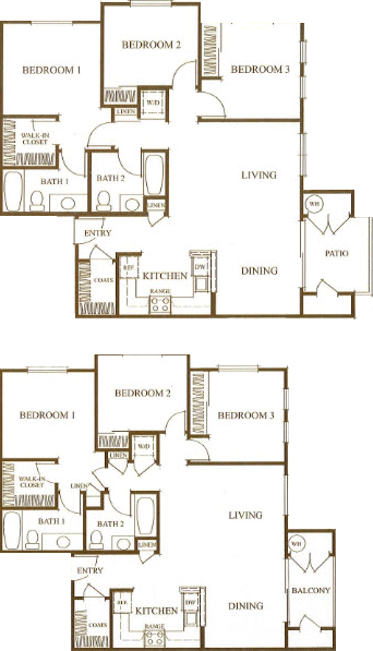 Floor plan for 3 beds, 2 baths, 1212 sqft